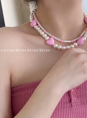 韩国东大门代购新款串珠竹节珍珠爱心项链锁骨链颈链耳钉耳环女潮