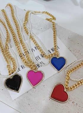 色爱心珍珠双层小众项链毛衣链