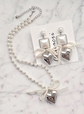 金属爱心串珠珍珠蝴蝶结耳环项链