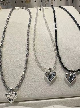 银色爱心水晶黑色串珠项链锁骨链