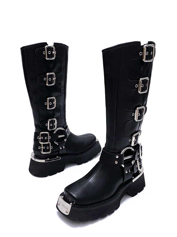 여성을위한 펑크 스타일 블랙 마틴 부츠 봄과 여름 정사각형 발가락 두꺼운 단독 서부 카우보이 부츠 틈새 디자인 라이더 오토바이 부츠