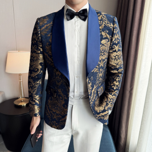 花色青果领刺绣演出礼服修身时尚主持人年会歌手风休闲西装男图片