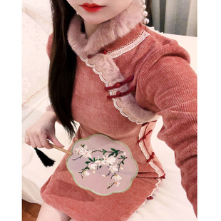 女 洋气加厚日常高腰显瘦年轻款 胭脂粉色旗袍2025秋冬新款 高端修身