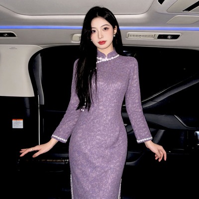 紫色新中式复古长袖旗袍高端大气