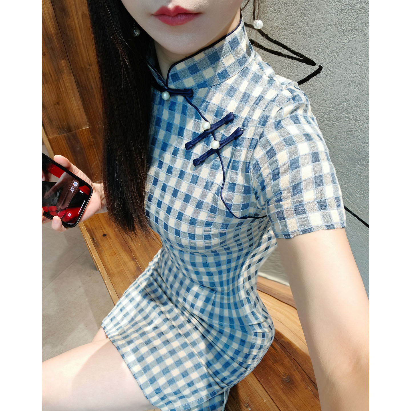蓝色格子旗袍女短款复古民国风清冷感显瘦小个子日常棉麻连衣裙夏