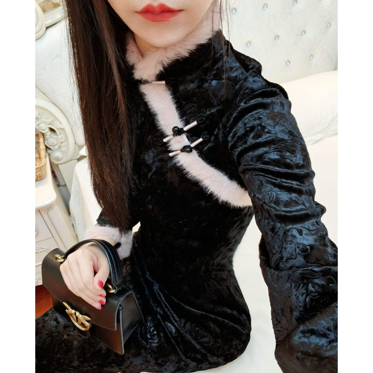 黑色旗袍冬装连衣裙修身显瘦长款