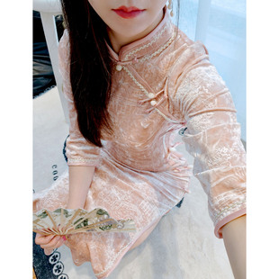 年轻款 国风粉色高级丝绒旗袍连衣裙秋冬长袖 衣见钟情新中式 妖精