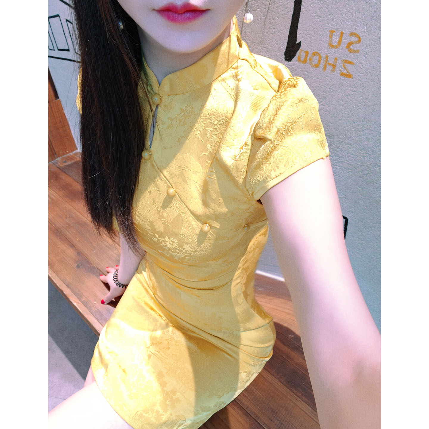 小个子新中式黄色短袖旗袍连衣裙图片