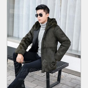 男式士皮衣皮草外套青年带帽兔毛皮毛一体整皮修身男装潮秋冬新款