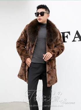 拼水貂皮男装皮衣狐狸领拼貂皮草外套皮毛一体水貂大衣男青年新款