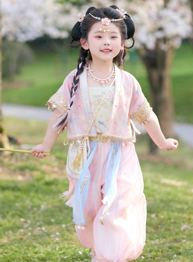 汉服女童2026夏季薄款短袖儿童新中式国风套装女孩上衣裤子三件套