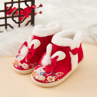 汉服鞋女童冬季儿童古风加绒绣花鞋宝宝红色喜庆过年棉鞋雪地靴