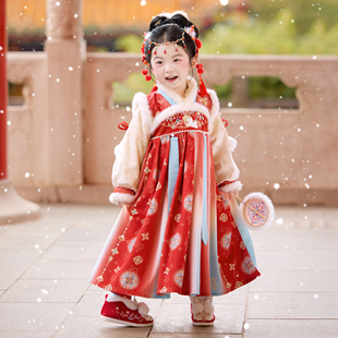 汉服女童2025冬款 儿童国风仙气加绒表演襦裙女孩红色连衣裙拜年服
