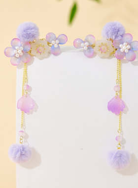 汉服女童冬款古风发饰儿童紫色仙气流苏毛球对夹女孩古装国风头饰