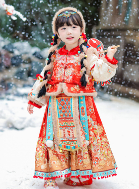 汉服女童2025冬款儿童新中式加厚明制马面裙套装女孩西域风拜年服