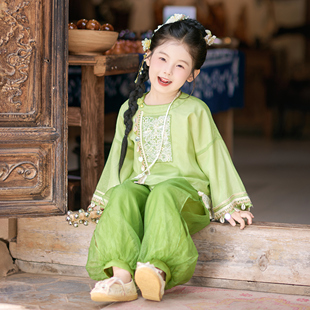 汉服女童2026春秋新款 国风裤 子套装 女孩洋气时髦两件套 儿童新中式