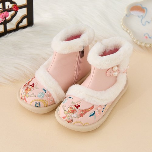 女童汉服鞋冬儿童古风加绒绣花鞋宝宝新中式搭配马面裙雪地靴棉鞋