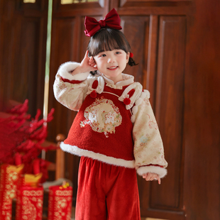 汉服女童2025冬款 国风仙气红色喜庆加厚拜年服裤 子套装 儿童新中式