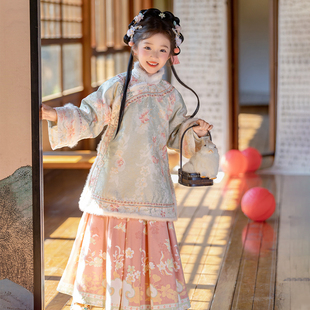 国风马面裙加绒套装 小女孩新中式 儿童拜年服 2025新款 汉服女童冬款