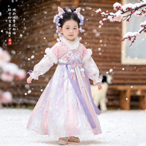 汉服女童冬款2025新款儿童高端仙气古风加绒连衣裙小女孩国风襦裙