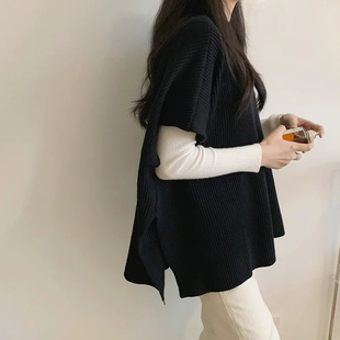 日韩跨境优雅轻熟风斗篷毛衣女秋冬复古宽松显瘦披风马夹外套上衣
