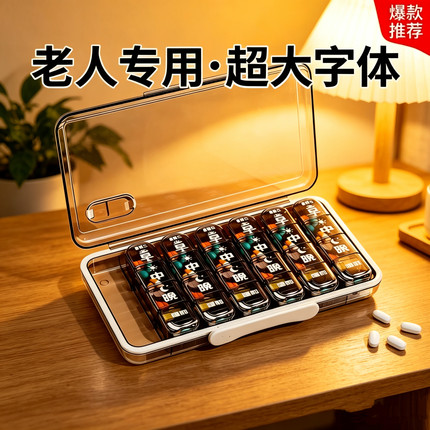 老人专用大字药盒 一周早中晚防潮密封便携药品收纳盒