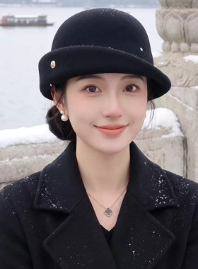 法式名媛风卷边渔夫帽羊毛呢帽子
