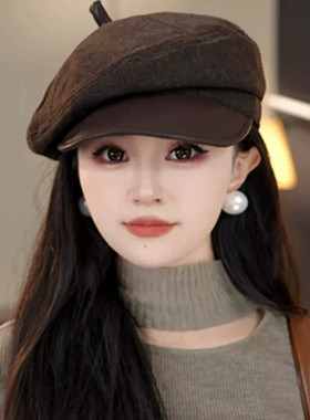 复古皮檐八角帽女美拉德贝雷帽