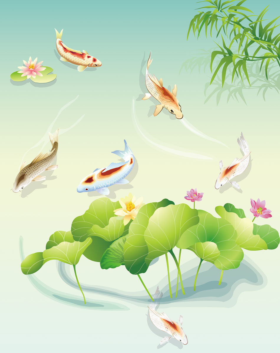 634居家海报展板喷绘素材贴纸图片1081鱼戏池塘锦鲤荷花