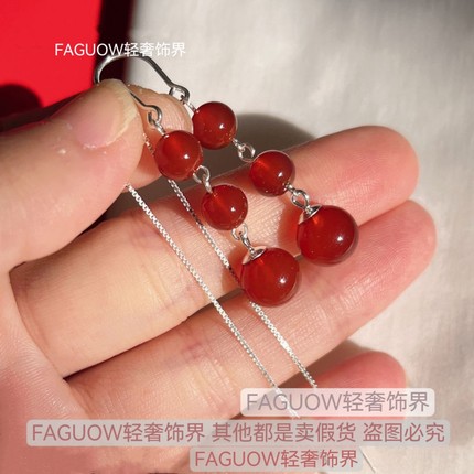 S999纯银过年气质耳饰红玉髓玛瑙红色耳环高级新款2024爆款耳线