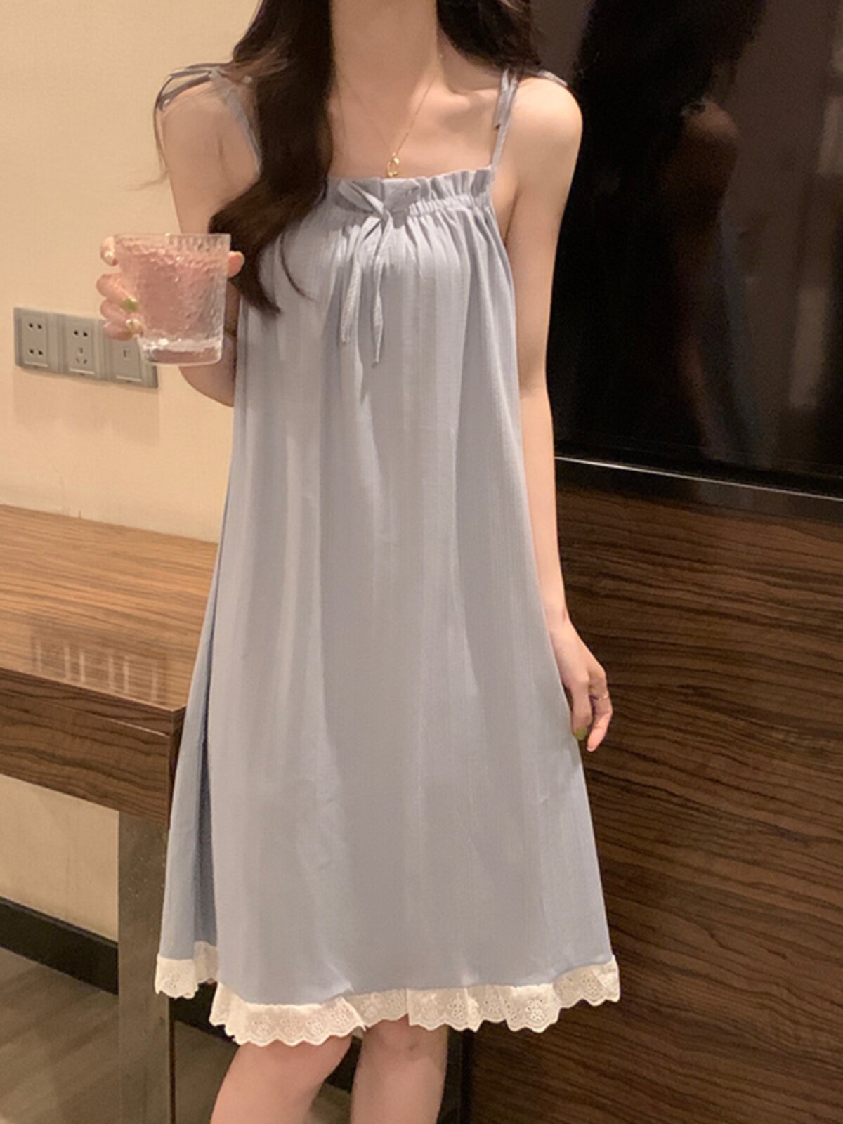 여성을위한 서스펜더 잠옷 여름 스타일 순수 코튼 프렌치 섹시한 유방 패드 궁전 안개 블루 홈웨어 파자마 드레스 여름