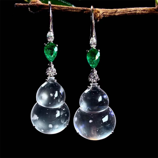 缘见翡翠珠宝 木那白冰葫芦耳坠18k金玻璃体白冰雪花葫芦耳钩耳扣