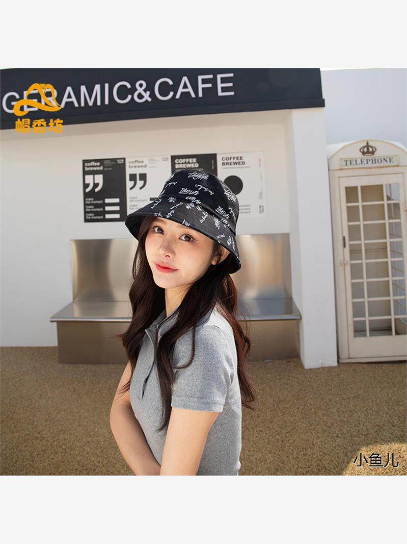 新款网红双面防晒女渔夫帽印花