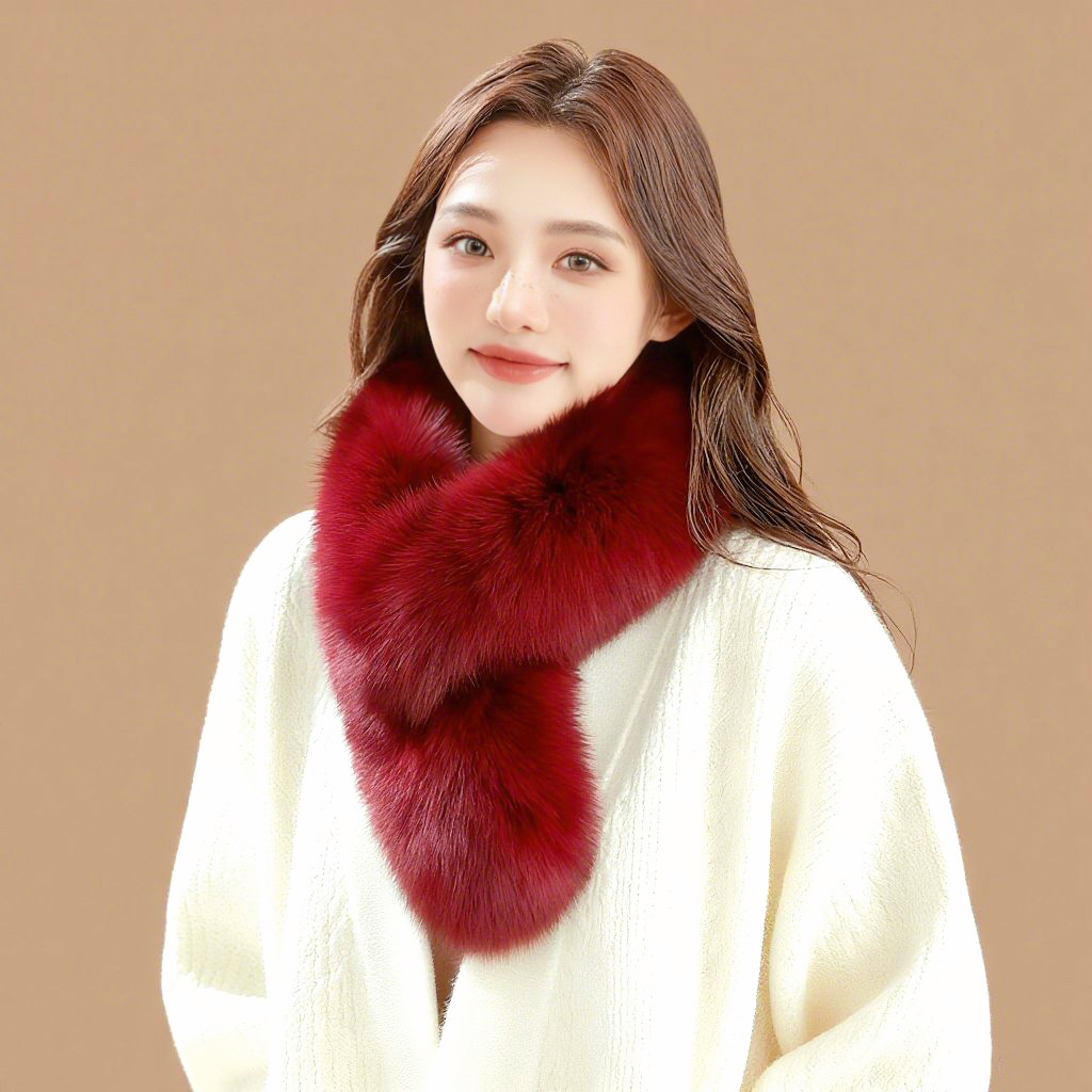 夹子款酒红色真狐狸毛围巾女秋冬