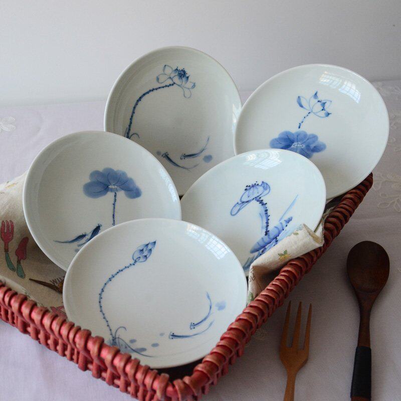 景德镇手绘荷花 青花瓷小餐盘 碟子鱼刺盘 凉菜盘 餐馆15厘米盘子