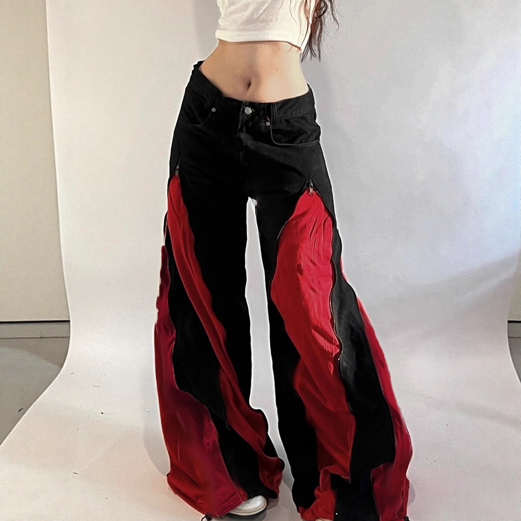 重工拼色高腰拉链拼接牛仔裤复古美式设计感辣妹个性宽松直筒裤