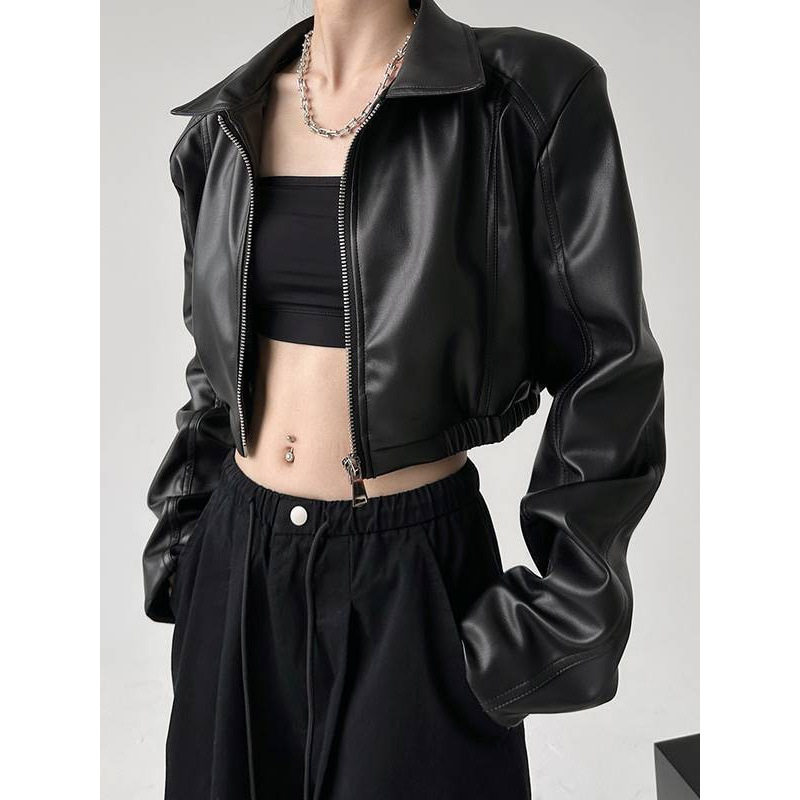 美式复古长袖翻领皮衣外套女2025春秋高级气质女机车夹克短款上衣,女装/女士精品,皮衣,淘宝优惠券,粉丝福利购,淘宝优惠卷
