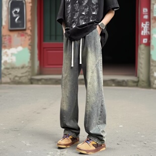 微喇牛仔裤男潮牌痞帅松紧腰高街水洗秋牛仔长裤美式复古潮流宽松