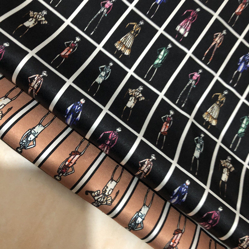 黑色底时尚人物图宽幅桑蚕丝喷绘印花真丝弹力丝绸19姆米绸缎面料