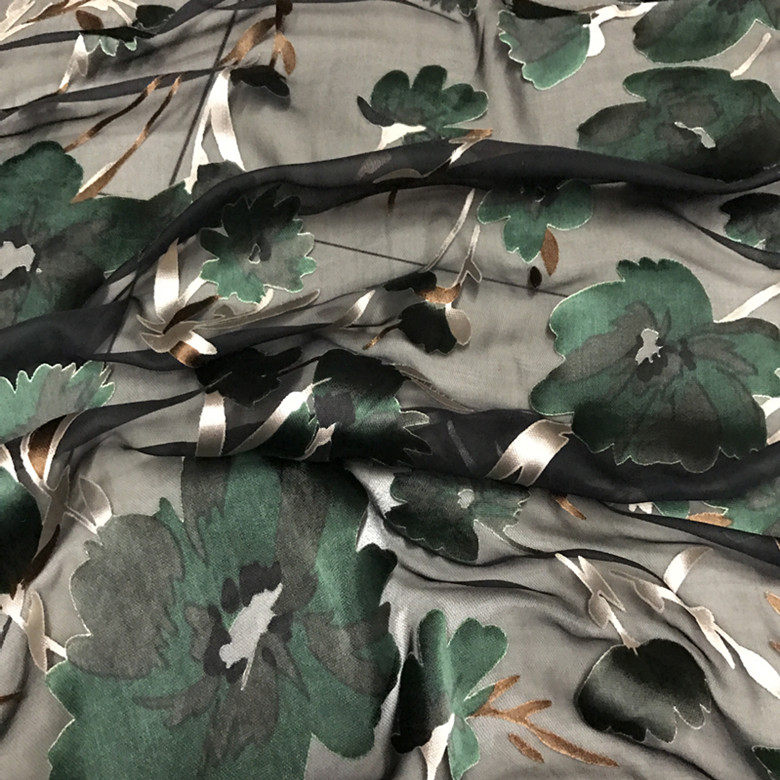 黑纱桑蚕丝真丝面料连衣裙衬衫薄透烂花绡剪花墨绿绡烧花丝绸布料