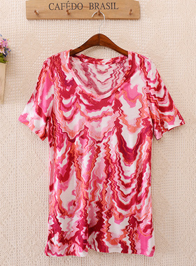 新款薄款木代尔棉扎染工艺圆领大码妈妈装T恤女特价1011