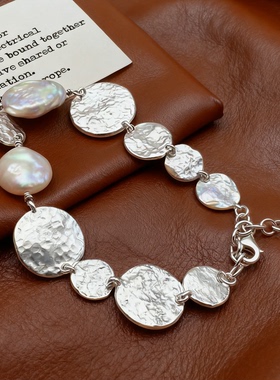 韩版S925银不规则珍珠拼接熔岩肌理纹圆牌手链几何形雾面手饰