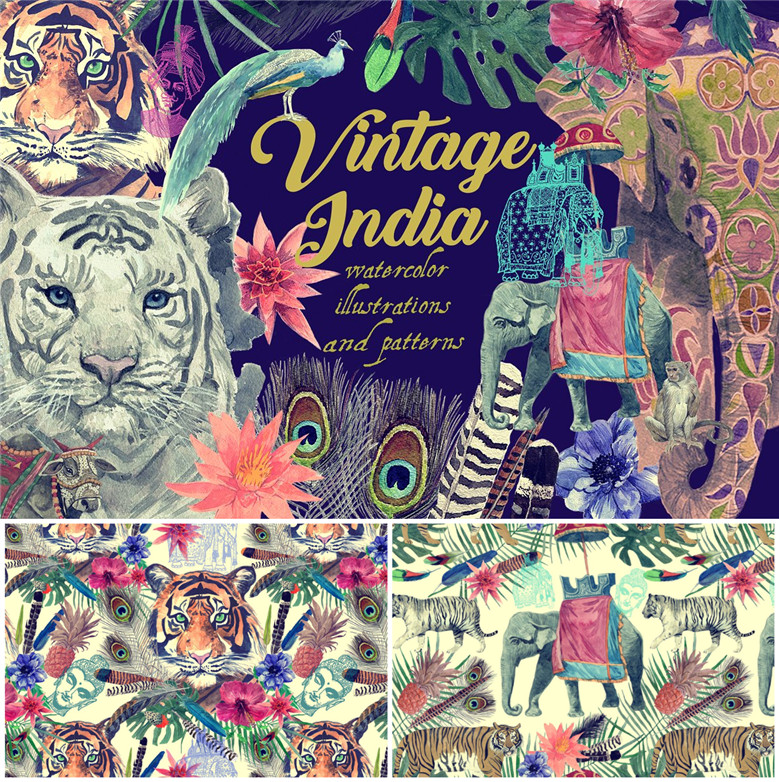PS-066平面设计素材高清水彩印度老虎孔雀大象牛猴子花草PSD+JPG