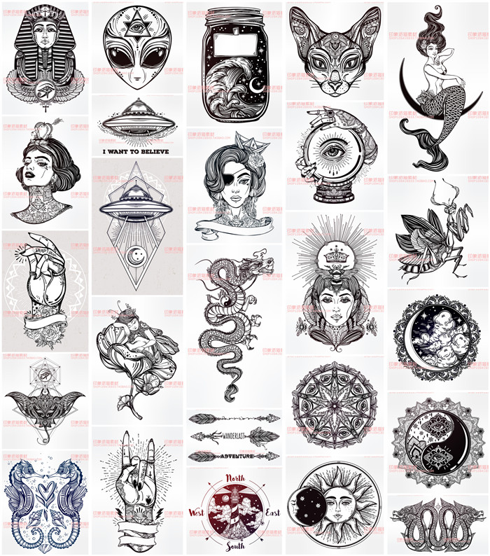 A0305矢量AI设计素材 手绘神秘主义月亮星星符号图腾猫咪花纹