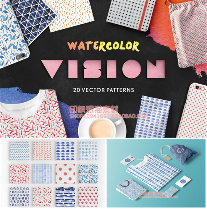 A0574矢量AI设计素材 水彩四方连续纹样抽象几何手绘线条印花+png