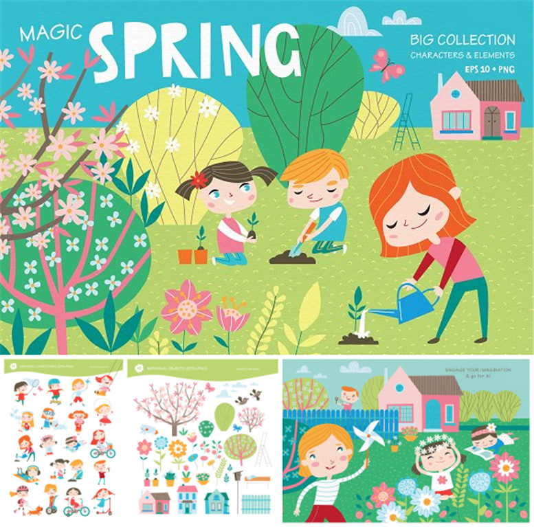 A0337矢量AI设计素材 卡通儿童春天游园种花骑车荡秋千印花含PNG