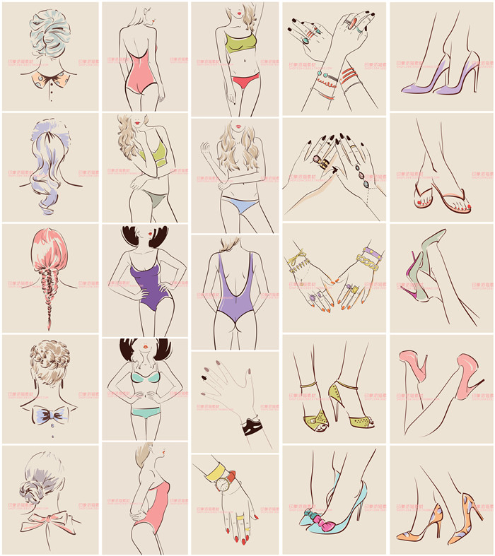 A0416矢量AI设计素材 女性身体部位速写插画发型泳衣手部脚鞋饰品