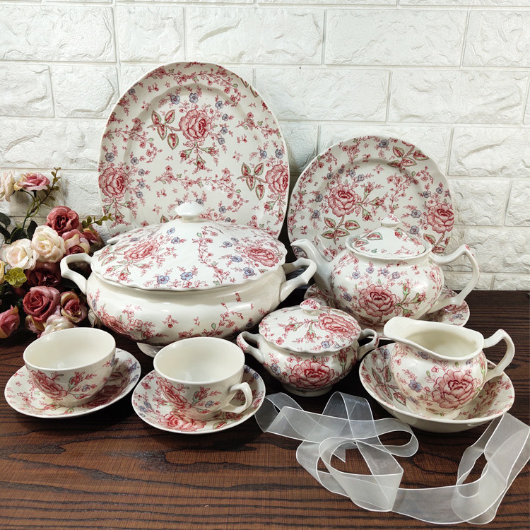 田园红色玫瑰餐茶具咖啡杯牛排盘