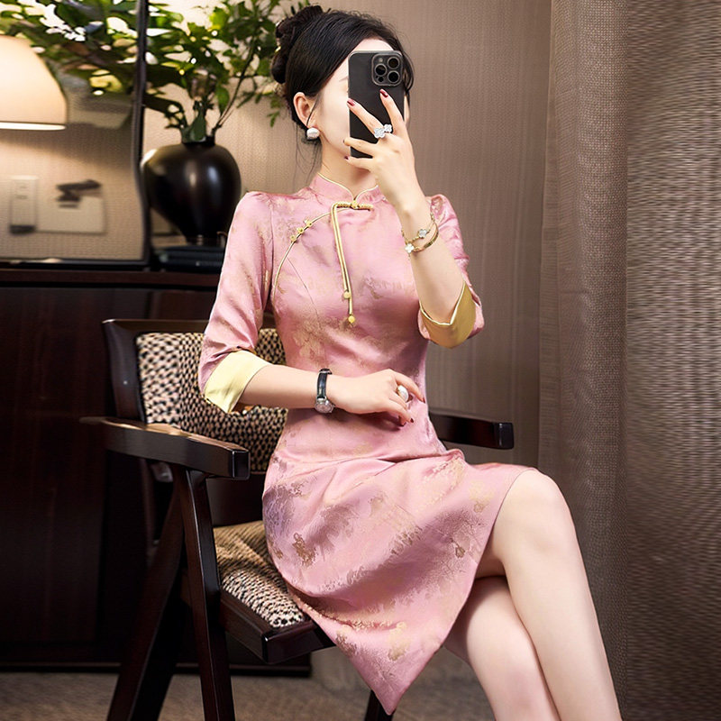 中式禅意国风改良旗袍裙2025年夏季复古千金感淑女气质粉色连衣裙