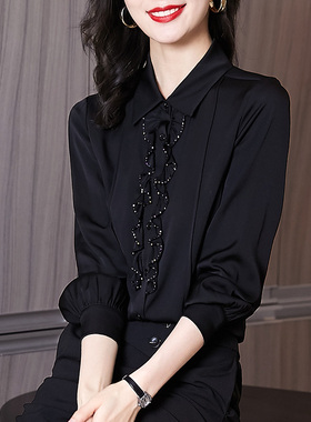 2024年新款夏季复古港味黑色职业气质真丝桑蚕丝木耳边衬衫上衣女